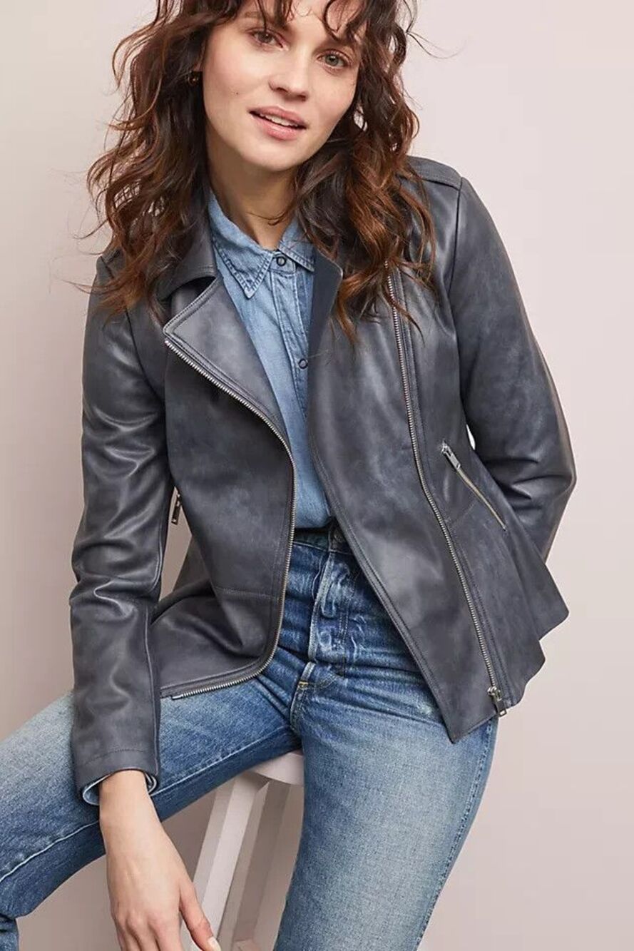 Anthropologie Faux Leather Moto Jacket Womens Medium Gray Asymmetrical Zip